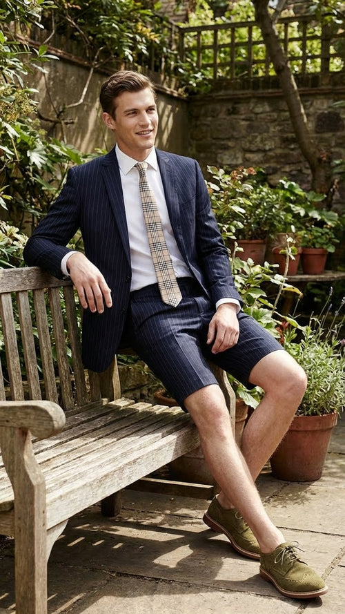 Men’s dark navy blue pinstripe business suit features a single-breasted jacket with notched lapels and matching shorts. The fabric appears lightweight and structured, ideal for summer wear.