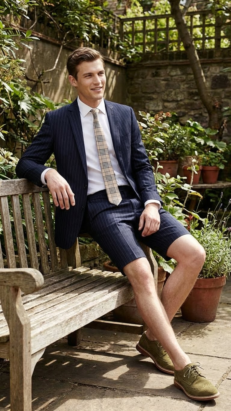 Men’s dark navy blue pinstripe business suit features a single-breasted jacket with notched lapels and matching shorts. The fabric appears lightweight and structured, ideal for summer wear.