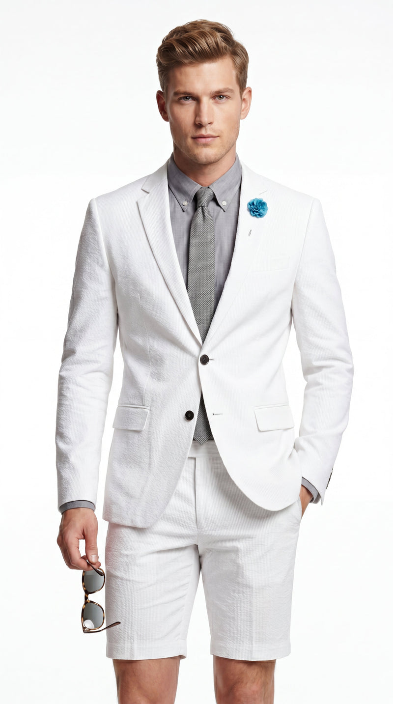 Men’s Cotton Fabric White 2 Piece Summer Suit with Shorts, Casual Beach Wedding and Resort Formal Outfit