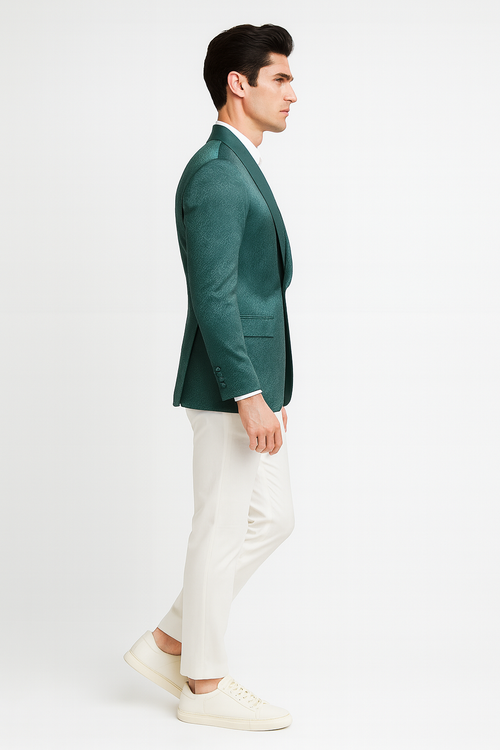 Men's teal green slim-fit blazer with floral jacquard. Structured silhouette, lapel collar, single-button closure. Textured fabric, two front pockets.
