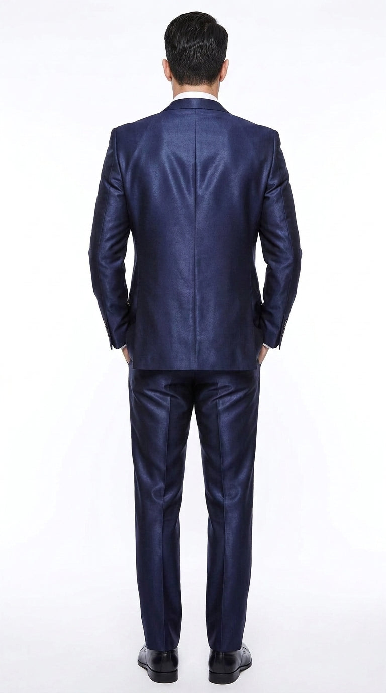 Men's Shiny Navy Blue Sateen 3-Piece Suit – Elegant Wedding, Prom Dress Suit with Matching Vest and Pants Slim Fitted