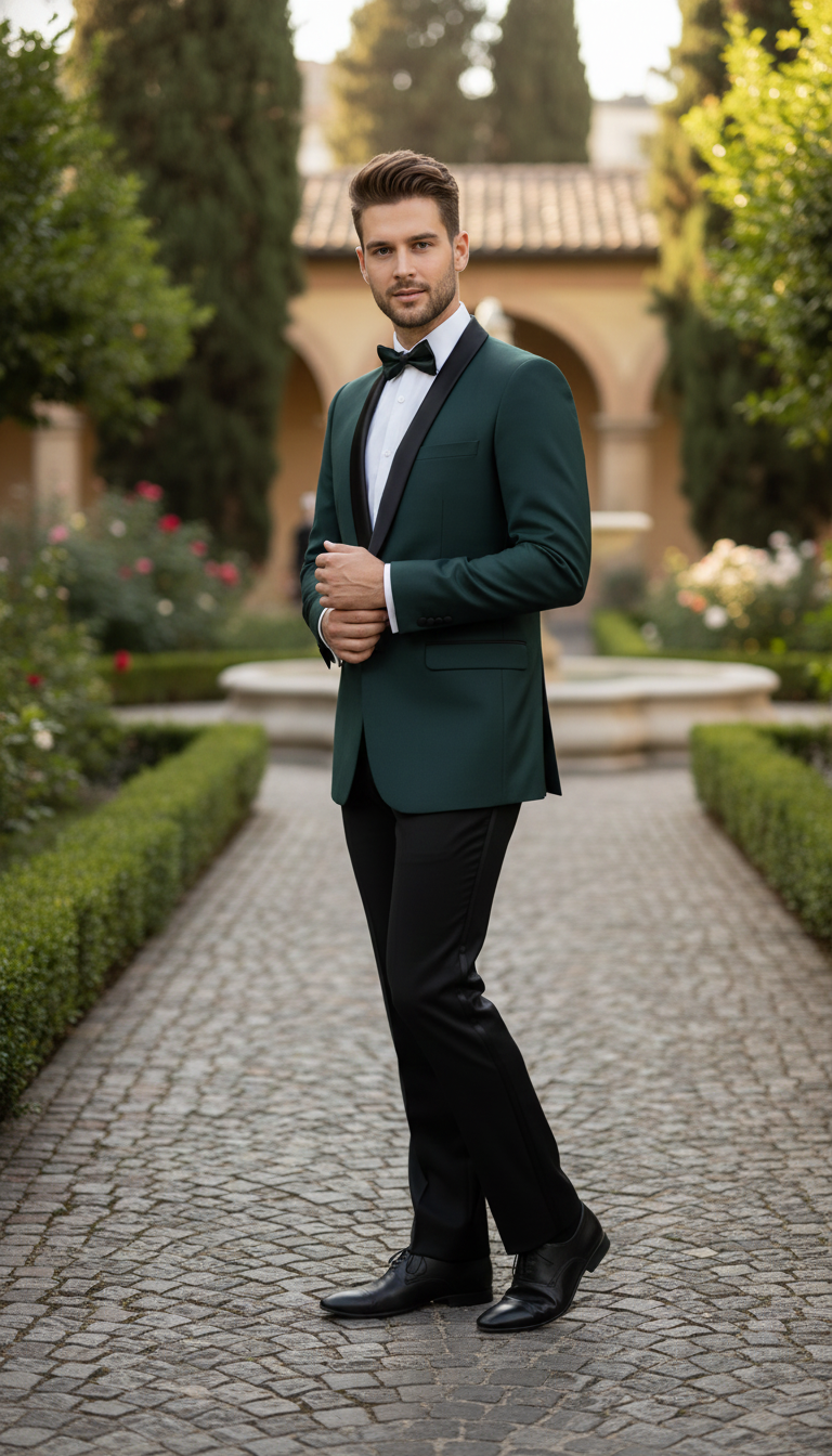 Alberto Nardoni men's green tuxedo: fitted dark green jacket with black satin lapel, single-button closure, and tail. Matching tailored black trousers, straight cut, paired with black dress shoes. Smooth, structured fabric.
