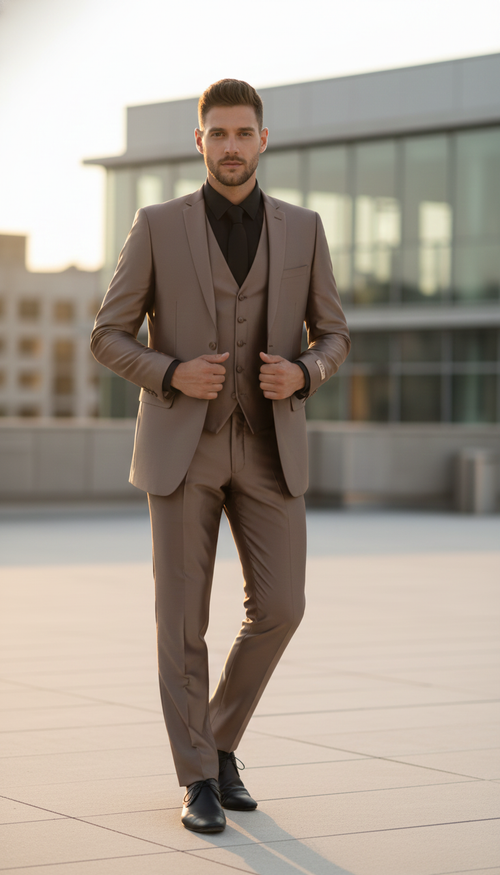 Men's sateen 3-piece suit in mocha taupe with bronze undertones. Tailored fit includes single-breasted jacket, vest, and slim-fit trousers. Glossy finish for a sleek, metallic look.