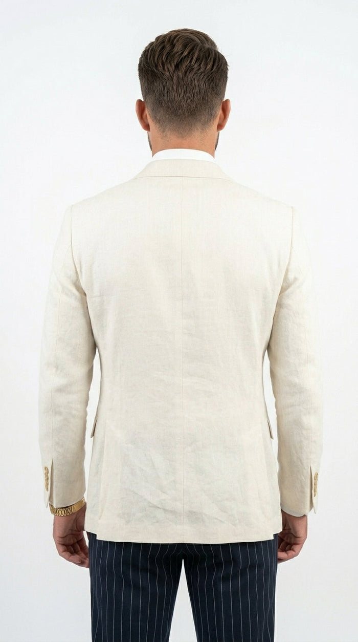 Men’s Ivory Linen Double Breasted Blazer, Lightweight Wedding Dinner Sport Coat Jacket Cream Off White