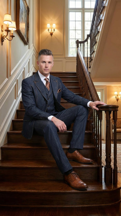 Menâ€™s Dark Denim Blue Fabric Suit â€“ Classic Three Piece Denim Suit for Wedding, Party and Formal Events
