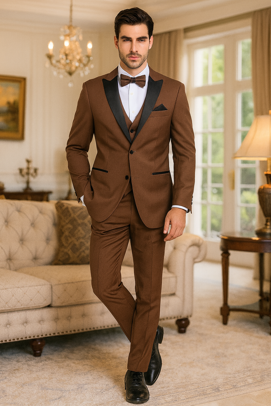 Light brown three-piece men's tuxedo with black satin lapel: fitted blazer (notch lapel, pocket square), vest, tailored trousers. Smooth finish. Worn with white dress shirt and black bow tie.
