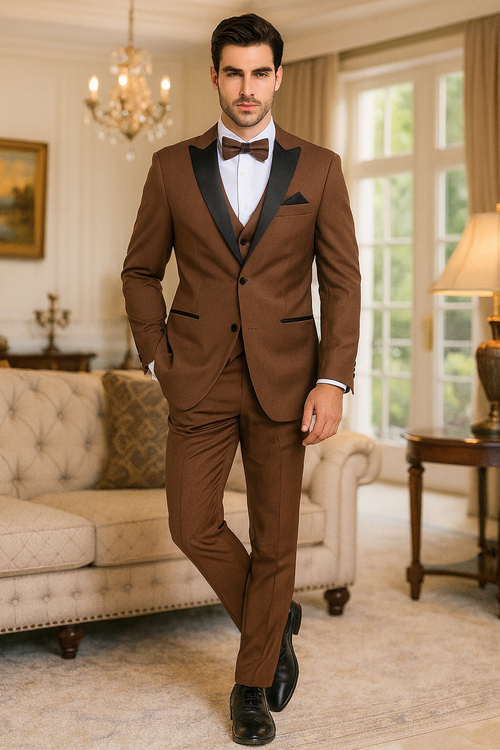 Light brown three-piece men's tuxedo with black satin lapel: fitted blazer (notch lapel, pocket square), vest, tailored trousers. Smooth finish. Worn with white dress shirt and black bow tie.
