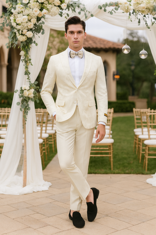 Ivory men's tuxedo jacket with floral embroidery, structured lapel, and single-button closure. Paired with fitted cream pants. Textured detail.

