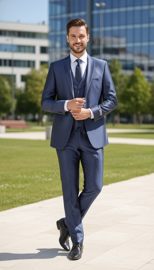 Alberto Nardoni men's navy 3-piece suit with a shiny finish. Includes a single-breasted jacket, vest, and tapered trousers. Glossy, eye-catching fabric.
