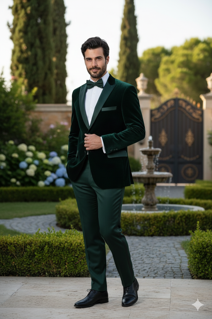 Men's dark green velvet tuxedo. Single-button jacket with shawl lapels and a left pocket. Matching dark green pants complete the formal look.
