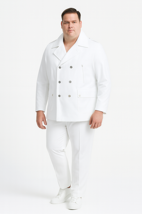 Men's slim-fit white wool peacoat. Double-breasted with broad lapels, six buttons, and two front pockets. Classic, stylish design.
