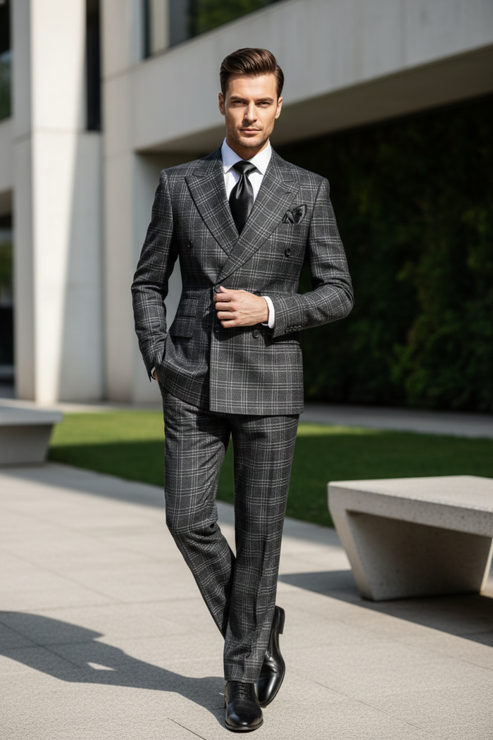 Alberto Nardoni charcoal plaid double-breasted suit: tailored, slim-fit jacket & trousers. Charcoal gray base with light plaid. Peaked lapel, front pockets, decorative handkerchief. Black tie, white shirt complete the look.
