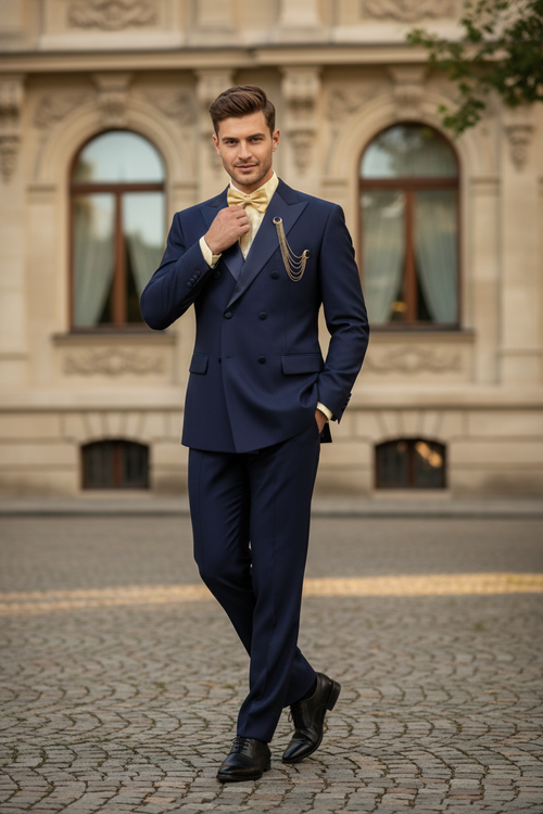 Navy double-breasted tuxedo with satin peak lapels. Structured shape, smooth fabric. Features two rows of buttons and matching trousers. Classic and elegant.
