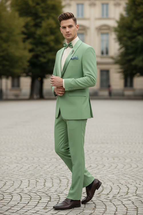 Alberto Nardoni men's mint green 2-piece tuxedo. Fitted jacket with cream lapels, matching buttons, and side pockets. Slim-fit pants. Smooth fabric, paired with dark brown dress shoes.