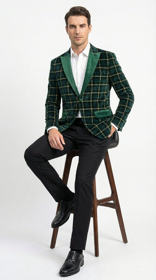 Mens Tartan Green and Gold Check Blazer – Windowpane Plaid Sport Coat Velvet Lapel Plaid Christmas Holiday New Year Jacket