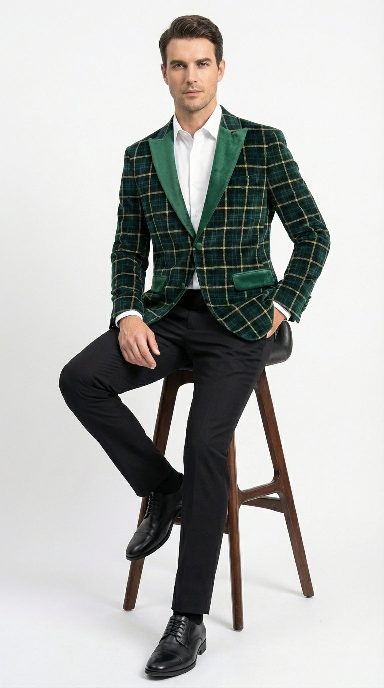 Mens Tartan Green and Gold Check Blazer – Windowpane Plaid Sport Coat Velvet Lapel Plaid Christmas Holiday New Year Jacket