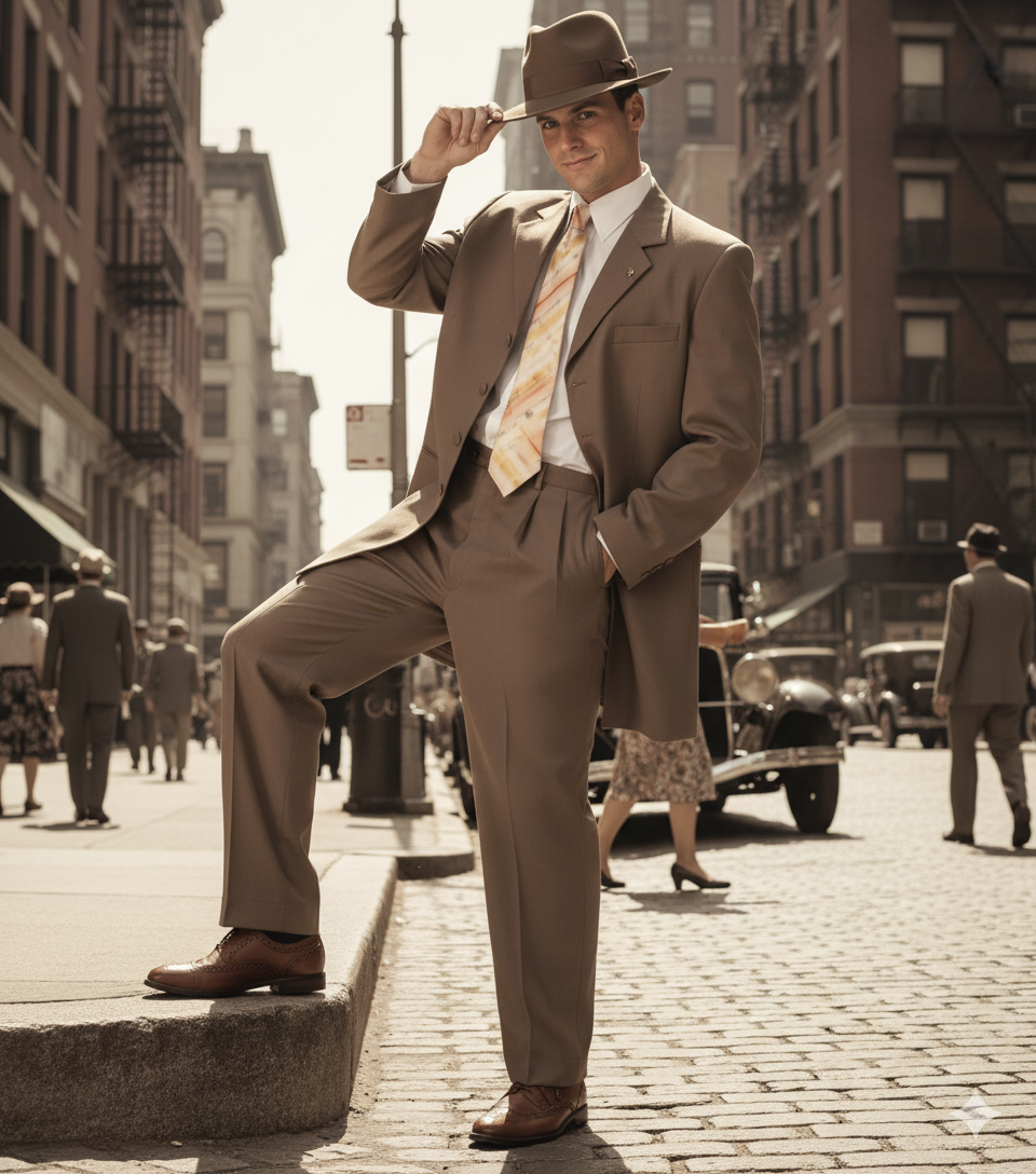 Men’s 1920s Tan Zoot Suit with Fedora Hat and Wingtip Shoes – Vintage Gangster 3-Piece Long Jacket Suit