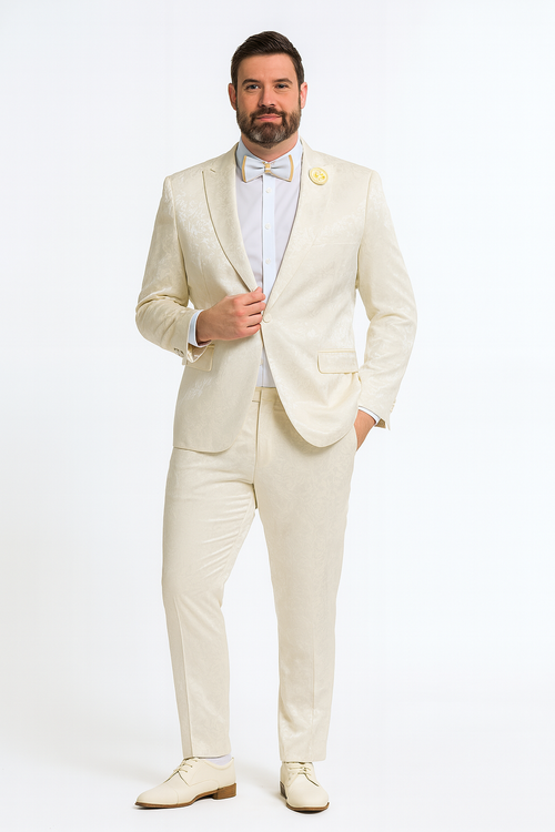 Men’s Champaign Ivory  Jacquard Paisley Tuxedo Suit with Satin Shawl Lapel – Elegant Wedding and Prom Outfit By Rossiman