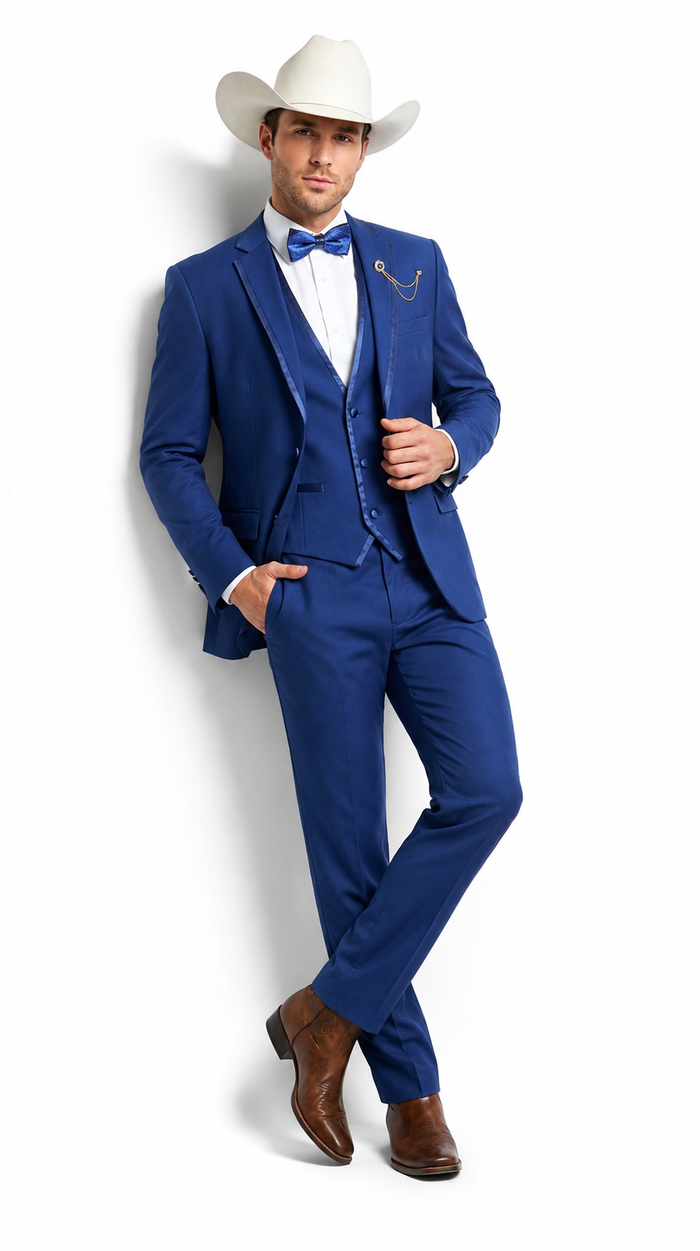 Men’s Blue Western Tuxedo Suit, 3 Piece Cowboy Formal Wedding Prom Suit with Satin Trim