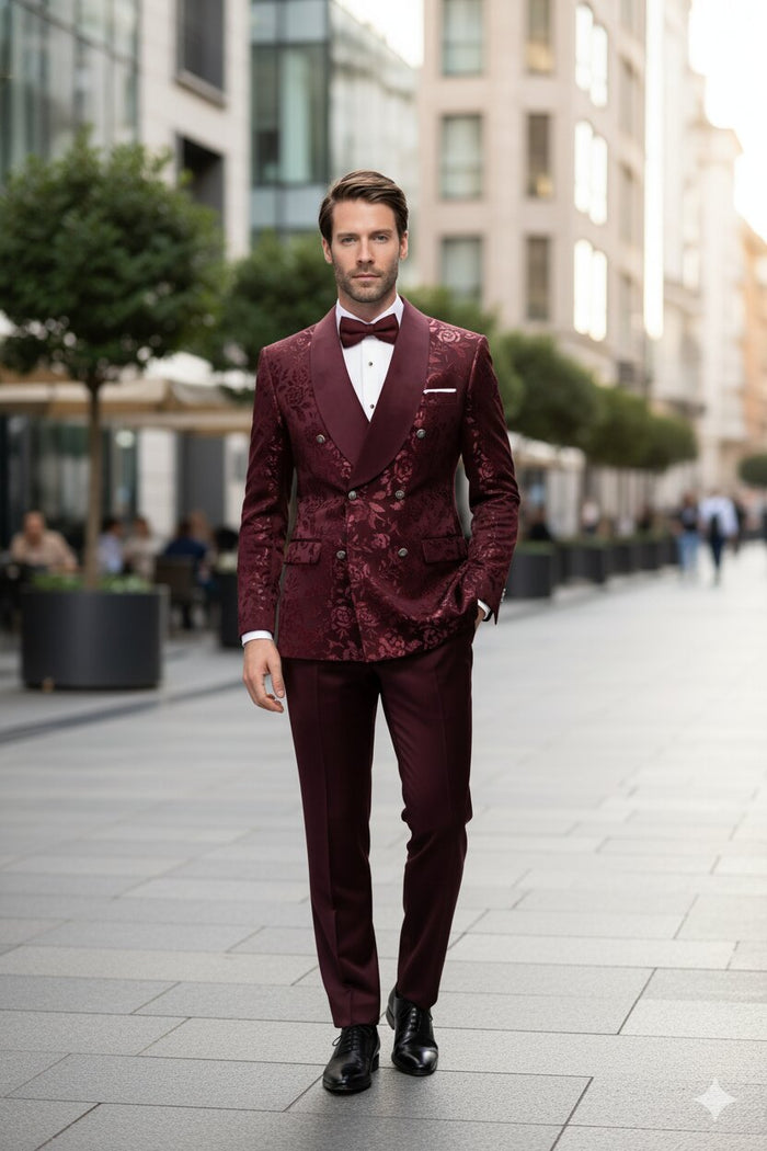 Men’s Burgundy Floral Jacquard Tuxedo Dinner Jacket – Paisley Velvet Lapel Formal Wear for Weddings and Prom