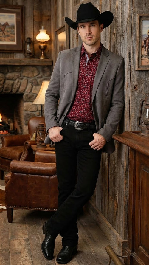 Men's brown western faux suede blazer characterized by a tailored fit, two front pockets, and detailed stitching; made of soft, faux suede material in a rich brown color.