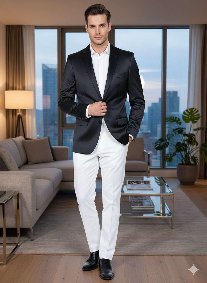Men's black satin blazer. Slim fit, two buttons, notched lapels, and a chest pocket. Smooth, shiny fabric. Classic design for a sophisticated look.
