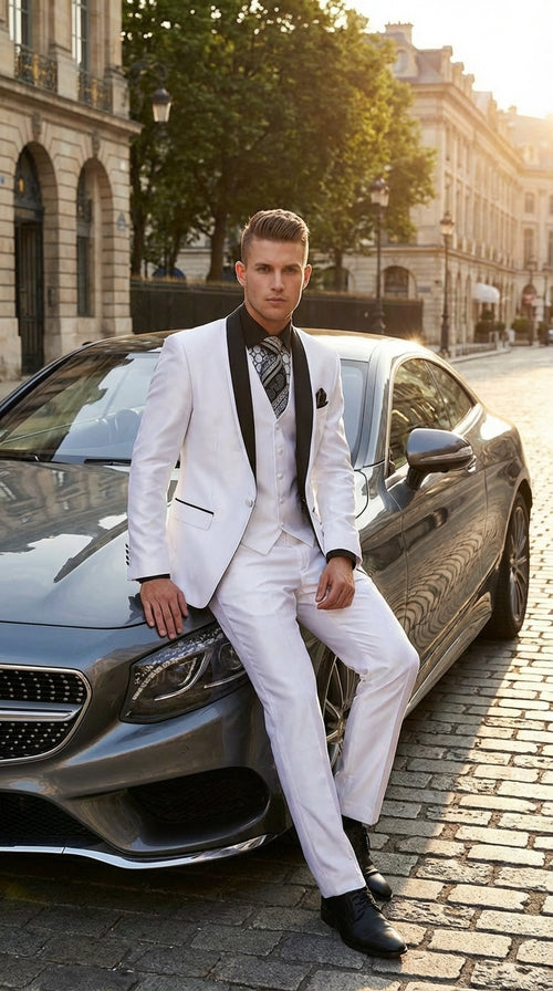 Men’s White Shiny Flashy Fabric Tuxedo Suit with Black Shawl Lapel | Luxury Formal Wedding and Evening Suit Sharkskin Metallic Fabric