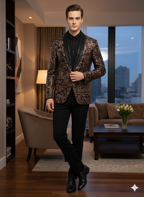 Men's black shiny designer blazer with red & gold pattern. Notched lapel, textured black collar, tailored fit, and long sleeves.
