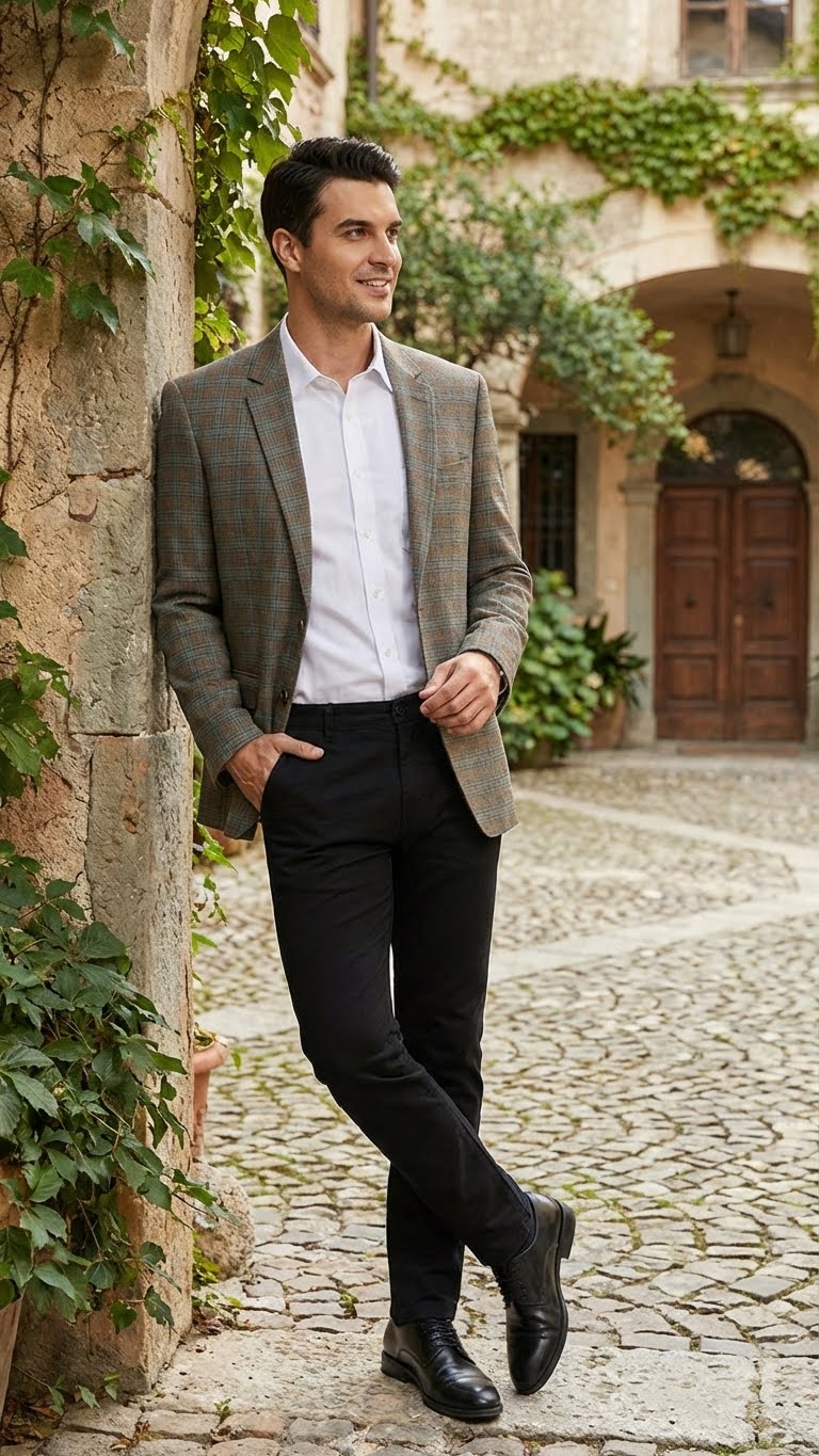 Green, brown & teal plaid sport coat. Single-breasted, notch lapels, textured woven fabric. Medium fit, two front pockets. Checkered effect.
