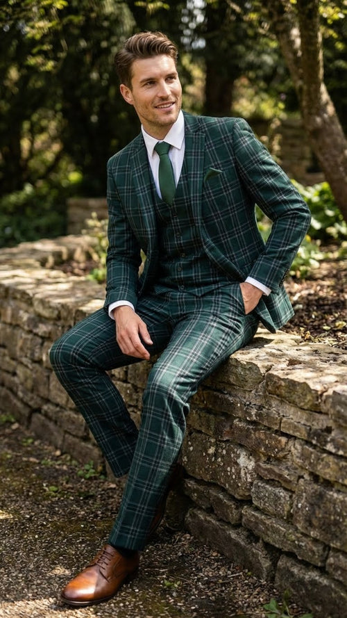 Men's Dark Green Plaid 3 Piece Suit – Checkered Suit Set for Wedding, Windowpane Tartan Fabric - Ultra Slim Fit