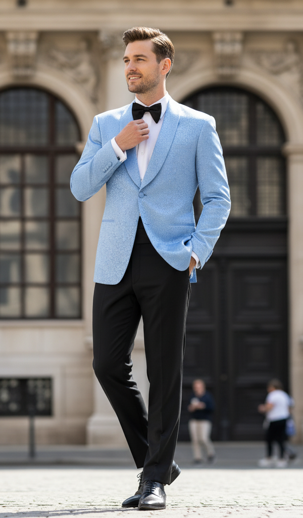 Light blue paisley Alberto Nardoni tuxedo jacket. Fitted, textured fabric with paisley. Single button closure, notched lapels, two pockets. Features black bow tie, buttoned cuffs, and worn over a white shirt.
