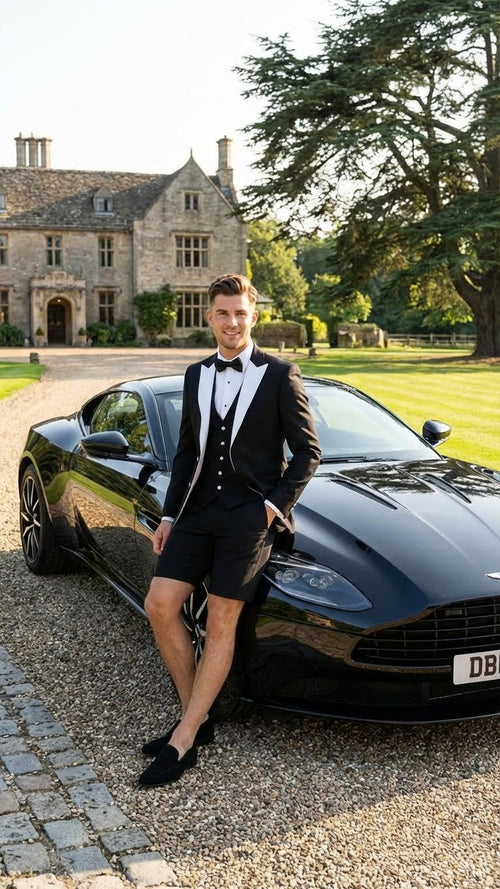 Menâ€™s Black and White Tuxedo Shorts Suit â€“ Modern Formal Tuxedo with Short Pants for Wedding, Party and Special Events