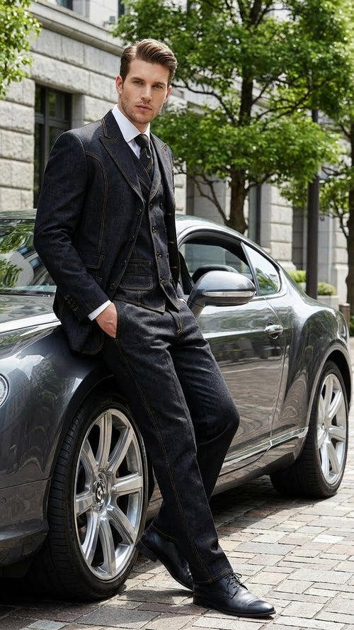 Men's Black Denim Fabric Suit – Classic Three Piece Denim Suit for Wedding, Prom and Church Wear