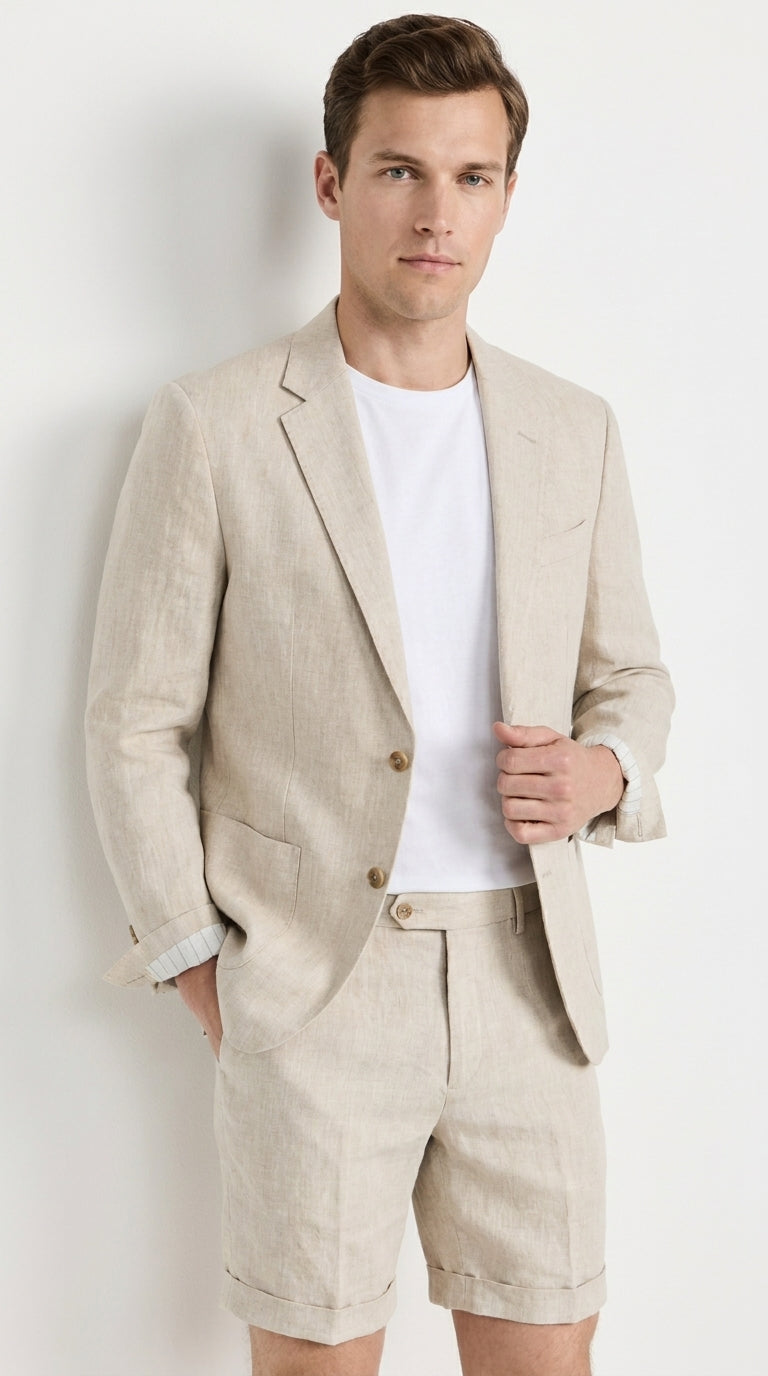 Men’s Tan Linen Suit with Shorts, 2 Piece Summer Short Suit, Casual Beach Wedding Outfit