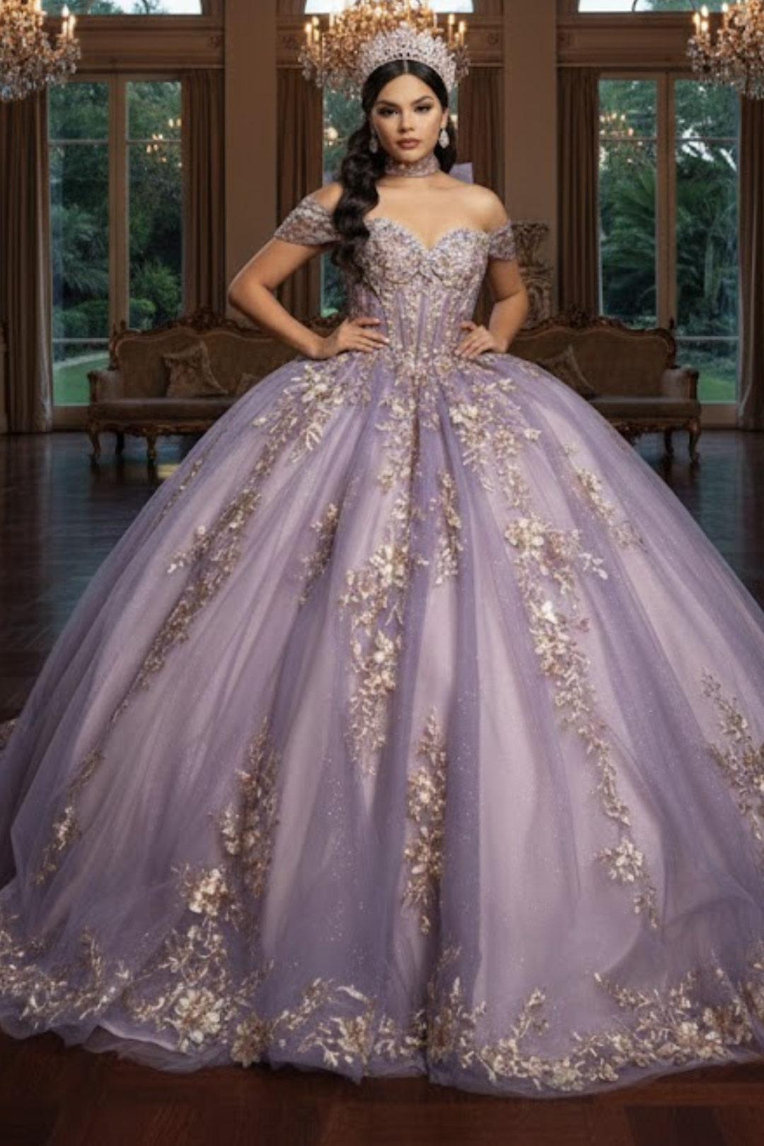Quinceañera Ball Gown Off Shoulder Glitter Tulle Dress with 3D Floral Appliqués Long Train by Layla K LK292