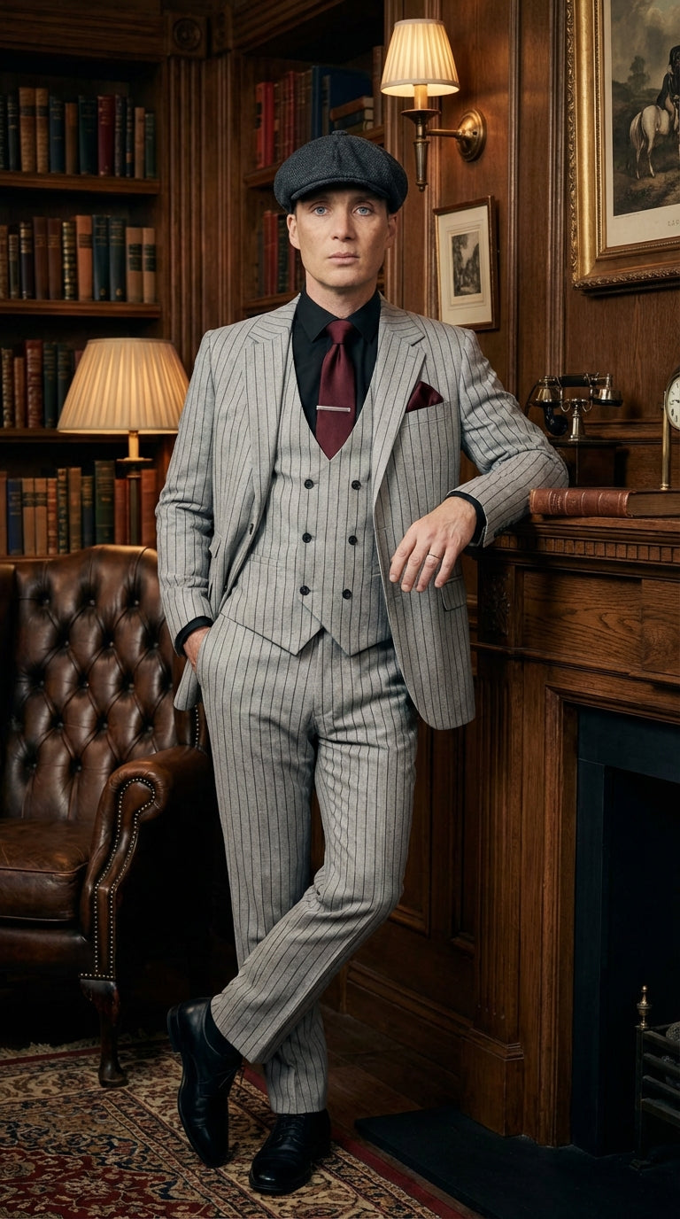 Men's Light Gray Pinstripe 3 Piece Suit – Peaky Blinders Inspired Vintage Gangster Style Formal Suit