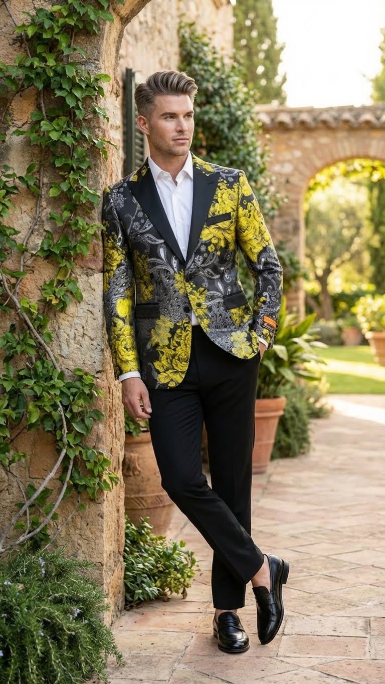 Yellow men's tuxedo blazer with black & gold floral pattern. Fitted silhouette, shawl lapel, single-button closure, and two front pockets. Primarily yellow with intricate floral designs.

