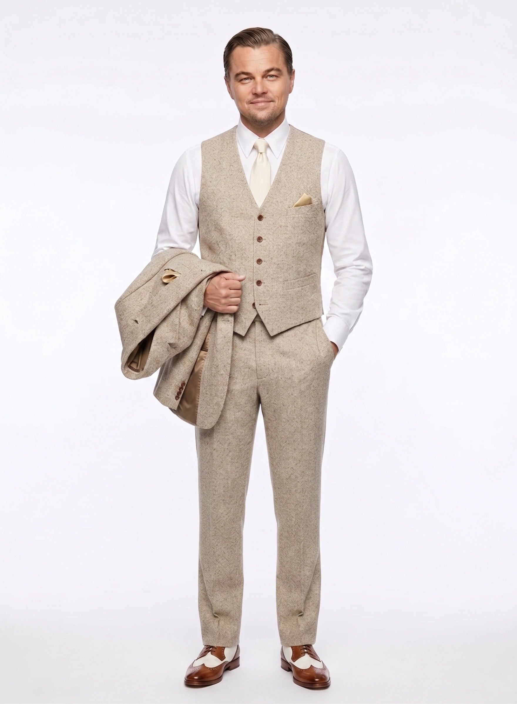 Men’s Light Tan Tweed Great Gatsby 3 Piece Suit – Vintage Vested Wedding Suit, 1920s Classic Formal Outfit Herringbone