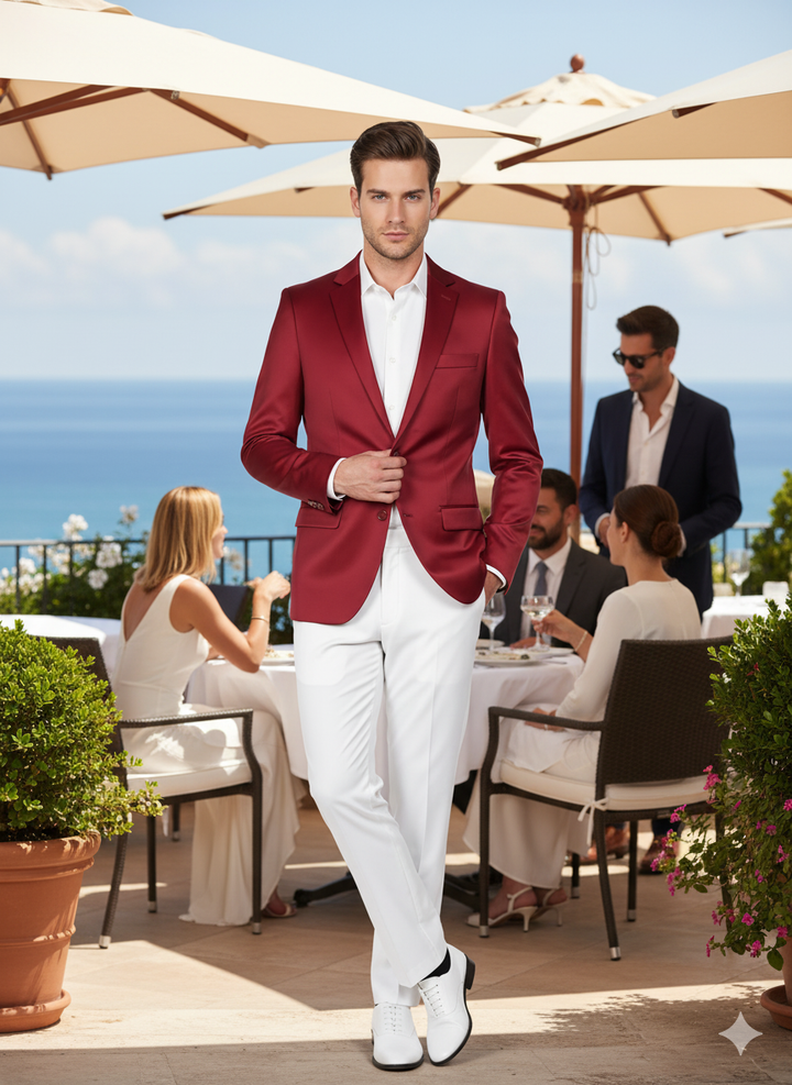 Men's burgundy satin slim fit blazer. Single-button, notch lapel. Shiny, smooth texture. Rich maroon wine color. Front pocket. Contrasting look with white trousers.
