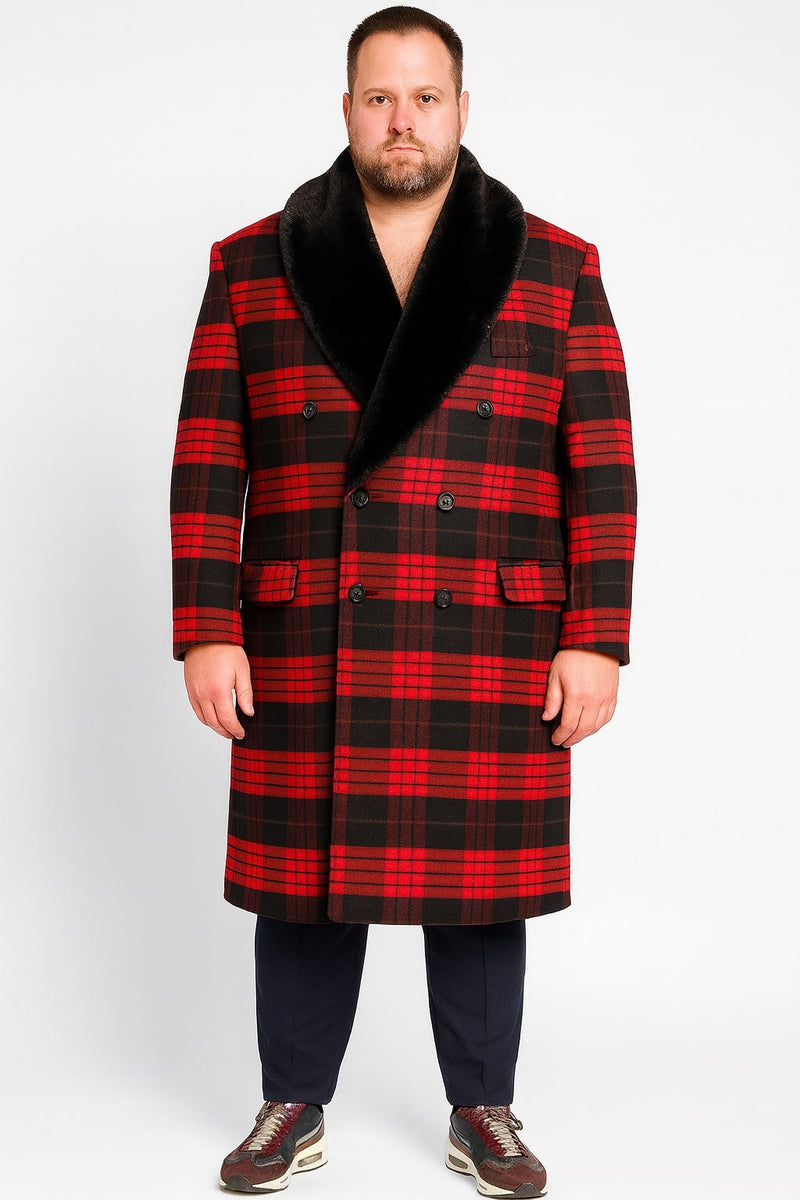 Men's red & black plaid wool overcoat. Double-breasted, faux fur shawl collar. Mid-calf length, structured silhouette. Red with black plaid, two front pockets.
