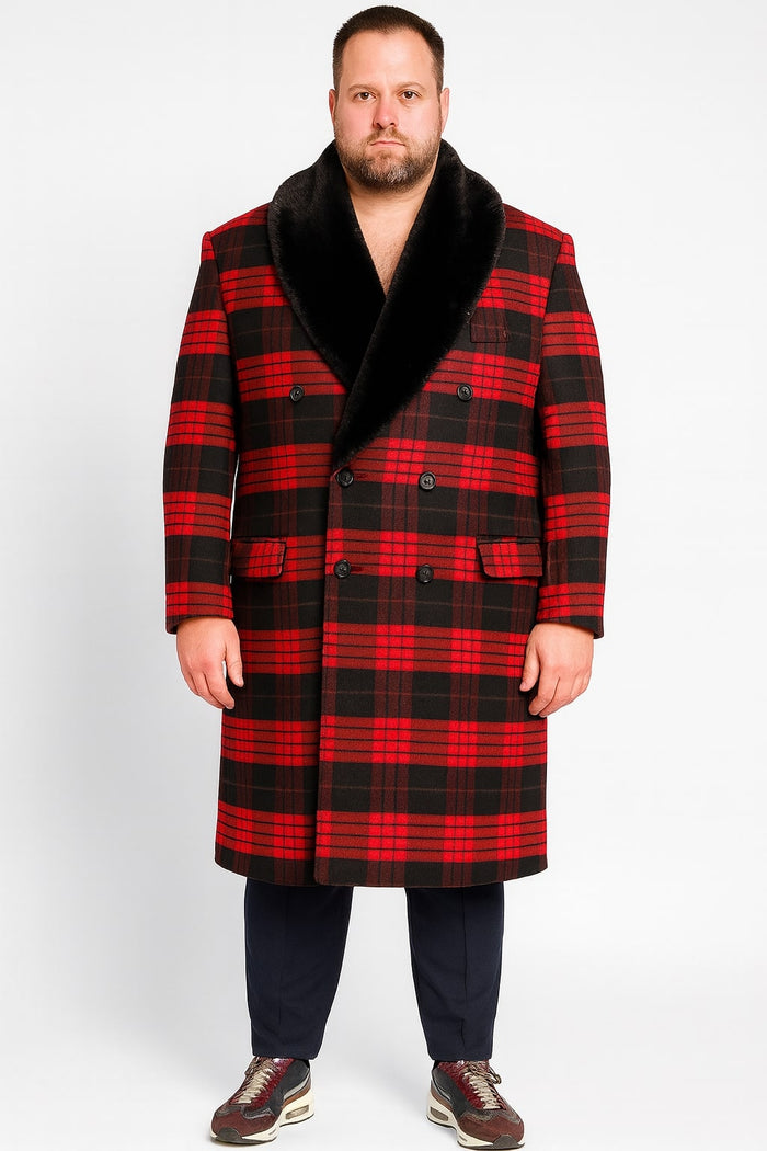 Men's red & black plaid wool overcoat. Double-breasted, faux fur shawl collar. Mid-calf length, structured silhouette. Red with black plaid, two front pockets.
