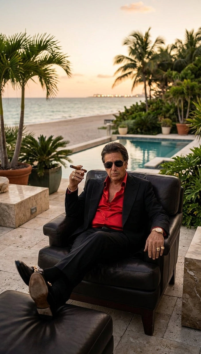 Tony Montana’s Black Blazer with Red Sateen Shirt – Men’s Black Formal Blazer and Red Satin Style Shirt Outfit for Party, Wedding and Vintage Wear