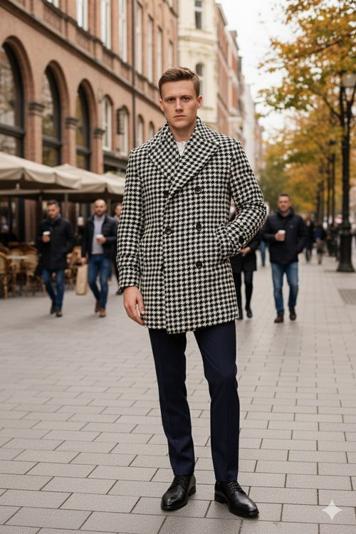 Men's double-breasted overcoat in black and white houndstooth wool blend. Features a wide collar, structured silhouette, and relaxed fit. Styled with dark trousers.

