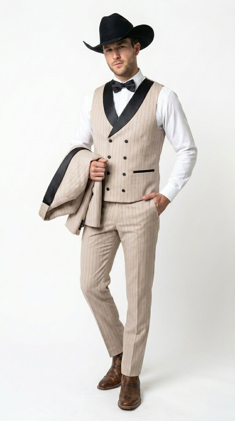 Men’s Beige Pinstripe Western 3 Piece Tuxedo Suit with Black Shawl Lapel, Formal Cowboy Wedding Prom Suit in Tan Khaki Color