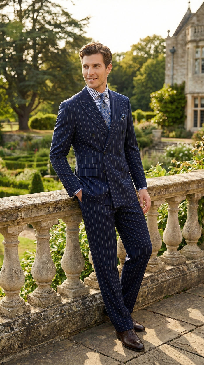 Men's Navy Blue Double Breasted Pinstripe Suit – Modern Fit