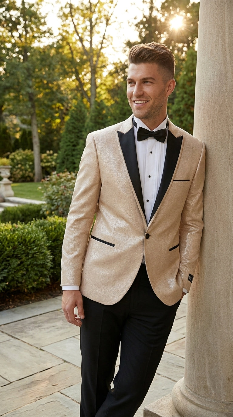Men’s Gold Blazer with Black Lapel – Elegant Gold Formal Blazer Jacket for Wedding, Prom, Tuxedo in champagne Color