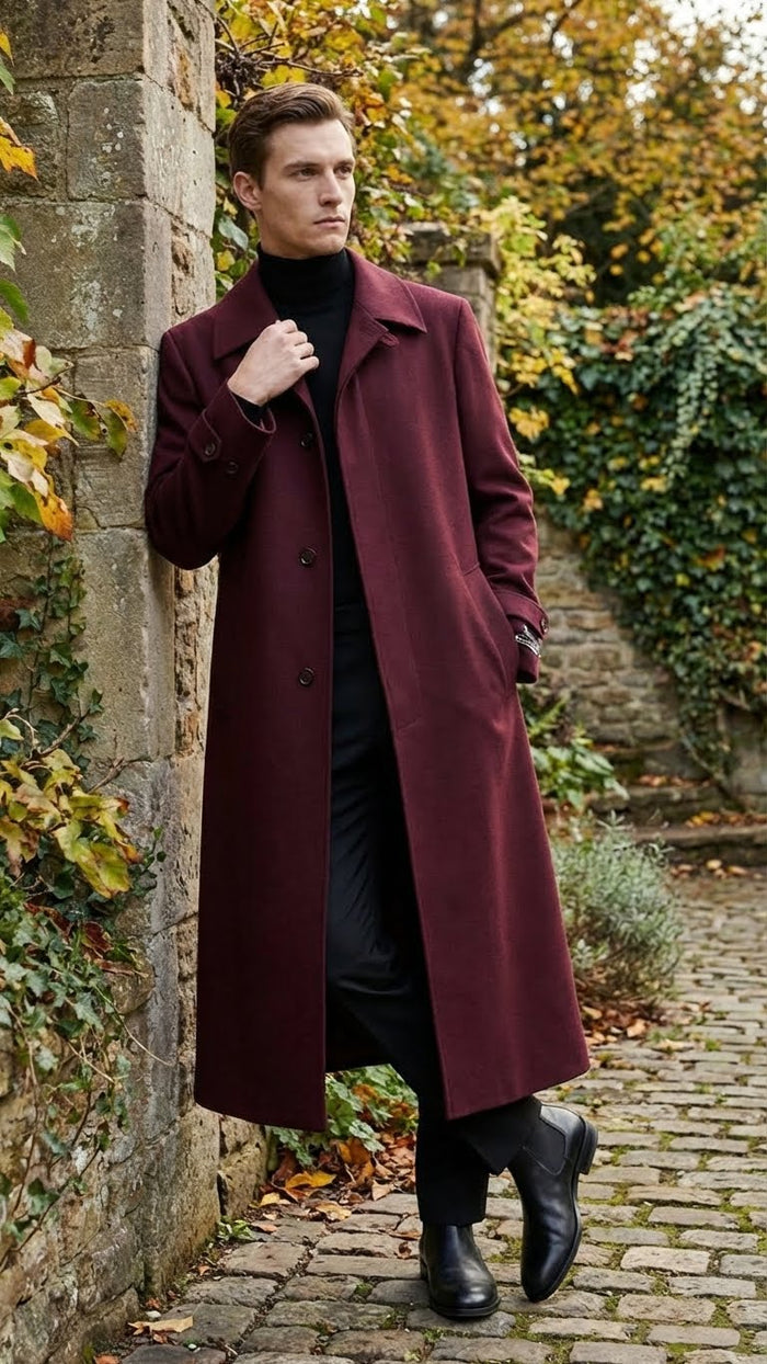 Burgundy Alberto Nardoni men's overcoat. Full-length, straight silhouette, textured fabric, button closure, collar. Solid color, long sleeves, below-knee length. Features side pockets and a tailored fit.
