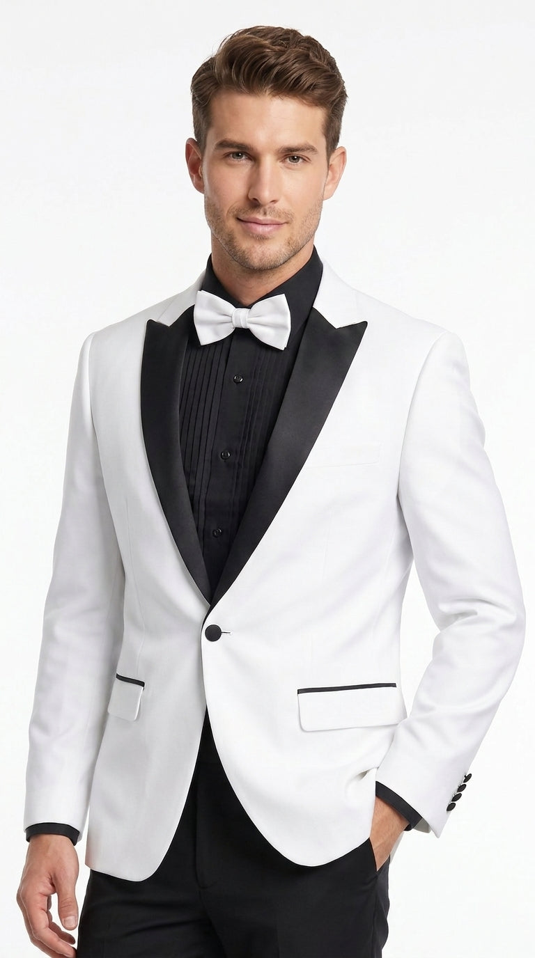 Men’s White and Black Tuxedo Suit with Shorts – Modern Formal Blazer and Short Pants Set for Wedding, Prom Suit