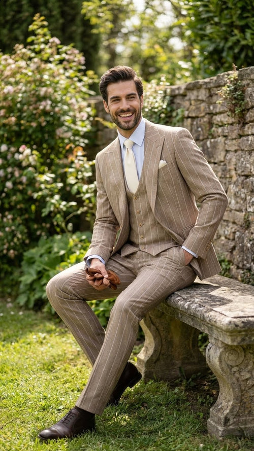 Alberto Nardoni men's beige pinstripe three-piece suit. Lightweight fabric. Tailored jacket, waistcoat with V-neck, slim-fit trousers. Beige shades, vertical stripe pattern. Button closures, lapels, and pockets.
