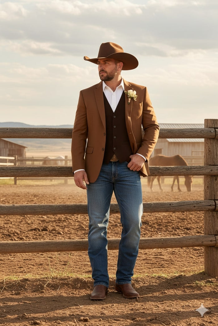Men's rust copper brown western blazer. Tailored design, notched lapel, single-button closure. Likely wool blend. Paired with white shirt, dark vest, blue jeans, and brown boots for a classic western look.
